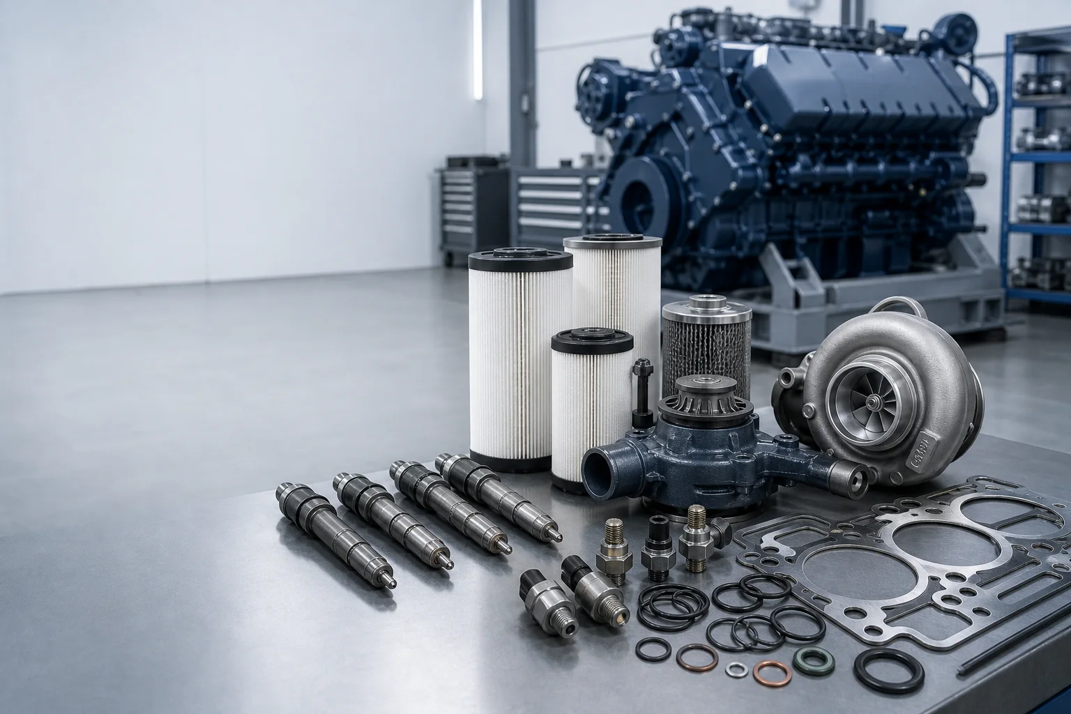 MTU diesel engine spare parts including injectors, filters, turbocharger, pump, sensors, gaskets, and seals